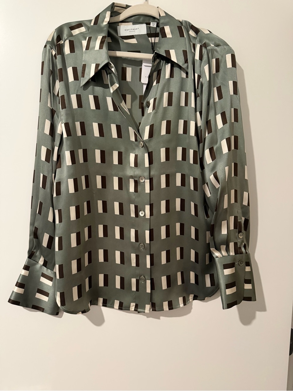Equipment Silk Button-Down Shirt in Sage and Cream Geometric Block Print